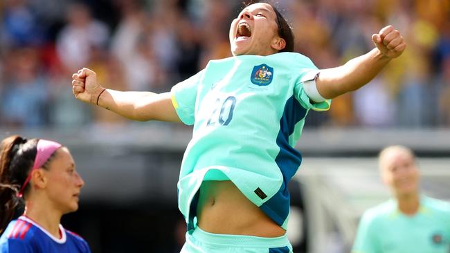 PERTH, AUSTRALIA - OCTOBER 29: Sam Kerr of the Matildas celebrates her goal during the AFC Women's Asian Olympic Qualifier match between Philippines and Australia Matildas at Optus Stadium on October 29, 2023 in Perth, Australia. (Photo by James Worsfold/Getty Images)