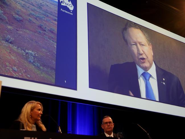 11/11/2020CEO Elizabeth Gaines listens as Andrew Forrest speaks from overseas at Fortescue Metals AGM in Perth Convention Centre.Pic Colin Murty the Australian