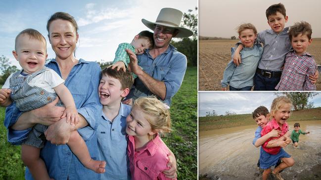 Jocelyn and David Wilson with children Boyd, Digby, Dugald and Edith on their farm near Warialda after rain (above and bottom right) and the older children on the drought-stricken property in September last year. Pictures: Liam Driver and David Swift