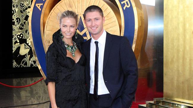 Michael Clarke and partner Lara Bingle arrive for the Allan Border Medal presentation at Crown in Melbourne.