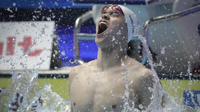 China's Sun Yang reacts after beating Mack Horton in the men's 400m freestyle final. Picture: AP