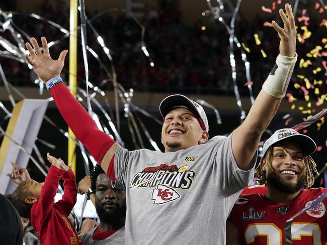 Kansas City Chiefs' Patrick Mahomes, left, and Tyrann Mathieu celebrate after defeating the San Francisco 49ers in the NFL Super Bowl 54 football game Sunday, Feb. 2, 2020, in Miami Gardens, Fla. (AP Photo/David J. Phillip)