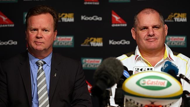 New Qantas Wallabies coach, Ewen McKenzie announces his maiden 40-man squad for the upcoming Castrol EDGE Rugby Championship at ARU headquarters in St Leonards today. L to R, Bill Pulver from ARU, Ewen McKenzie.