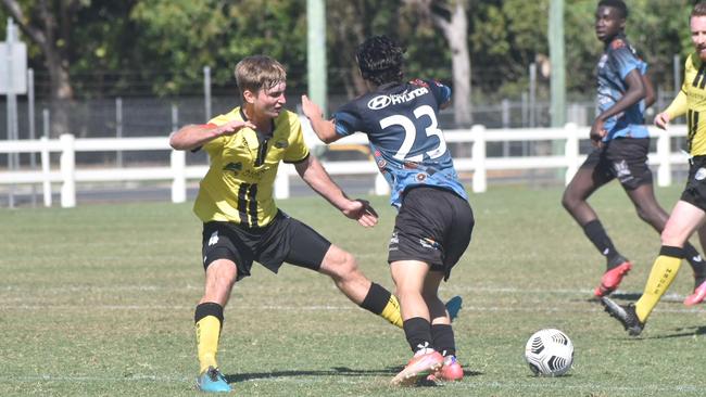 Melad Ahmad is tackled but denied the penalty in the Mackay and Whitsundays Magpies Crusaders match against Moreton Bay, July 18 2021. Picture: Matthew Forrest