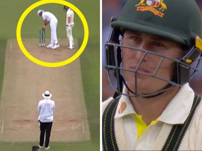 Stuart Broad produced a peculiar act seconds before Marnus Labuschagne lost his wicket. Picture: Sky Sports