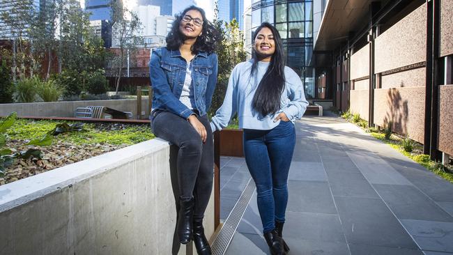 Sisters Bhanupriya and Ashwini Chettiar at Melbourne’s Docklands where they rent. Picture: Aaron Francis