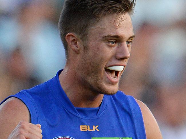 SPORT - AFL Round 1, West Coast Eagles vs Brisband Lions, Subiaco Oval, Perth. Photo by Daniel Wilkins. PICTURED- Brisbane's Josh Schache celebrates a goal in the first term