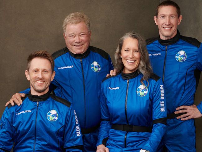 The four member Blue Origin crew (from R) Glen de Vries, Audrey Powers, Star Trek actor William Shatner and Australian Chris Boshuizen. Picture: AFP