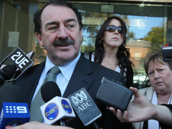 Graham Childs, with daughter Kristy and wife Anne, front media outside of Glebe Coroner’s Court following the death of his eldest daughter Rachelle.