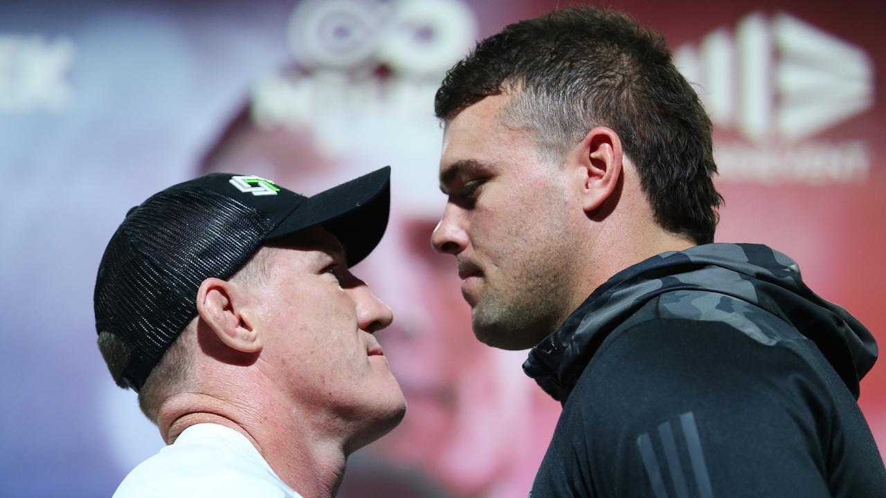 Paul Gallen and Darcy Lussick face off ahead of Wednesday. Picture: No Limit Boxing/Brett Costello