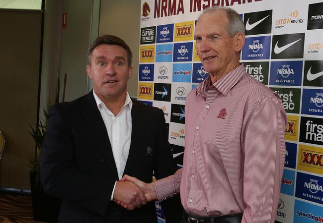 Broncos CEO Paul White (left) announcing Wayne Bennett as new coach of the Brisbane Broncos. Picture: Peter Wallis