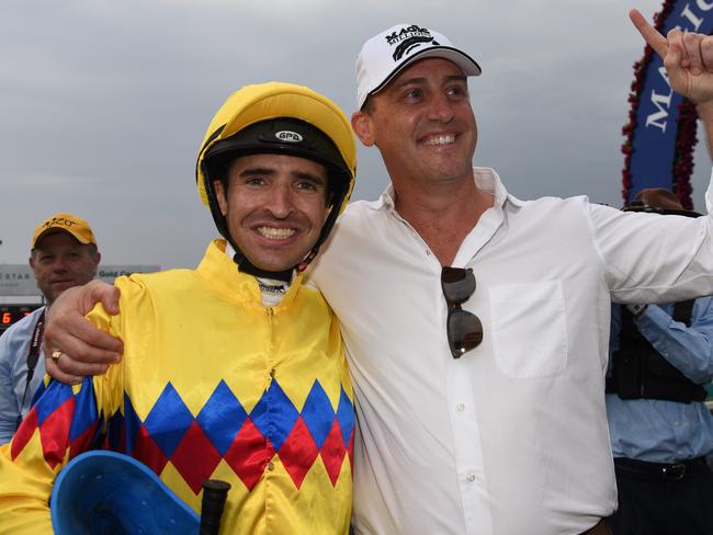Winner of race 9 Outback Barbie celebrates at the Magic Millions race day at the Gold Coast Turf Club. (Photo/Steve Holland)