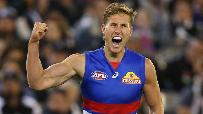 AFL Round 4. 12/04/2019. Collingwood vs Western Bulldogs at the MCG.  Bulldog Aaron Naughton  celebrates a goal in the 3rd qtr     . Pic: Michael Klein.