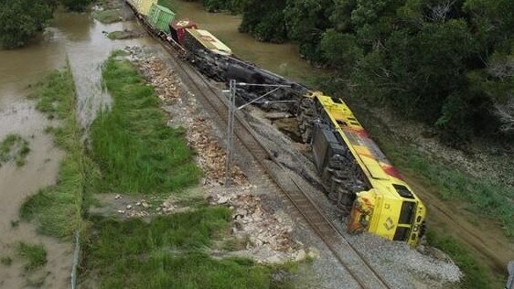 Two locomotives and four wagons of the Aurizon freight train derailed at Traveston on February 23. Picture: Supplied.