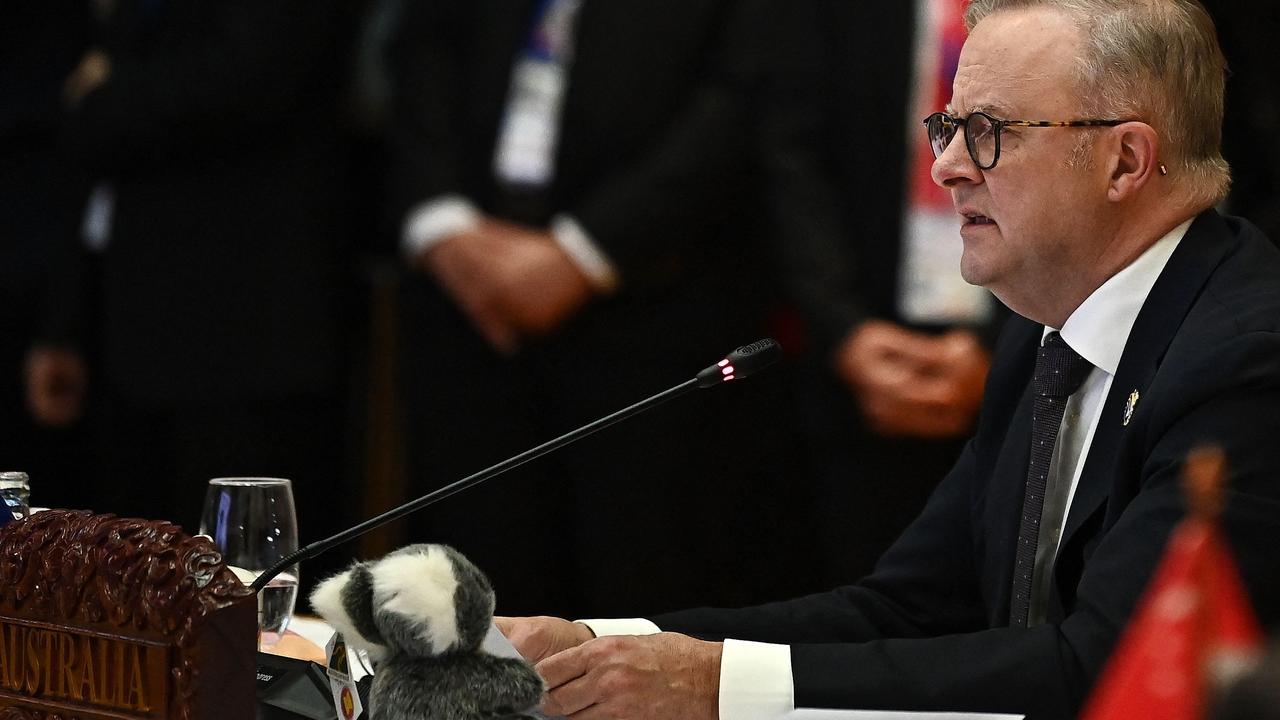 A stuffed koala sat on the table as Anthony Albanese addressed the 4th ASEAN-Australia Summit during the ASEAN summit in Vientiane on Thursday. (Photo by Nhac Nguyen / AFP)