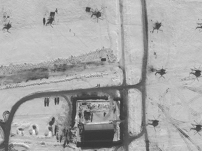 A close-up of a new helicopter deployment at Valuyki, Russia, approximately 27km east of the border with Ukraine. Picture: Maxar Technologies / AFP