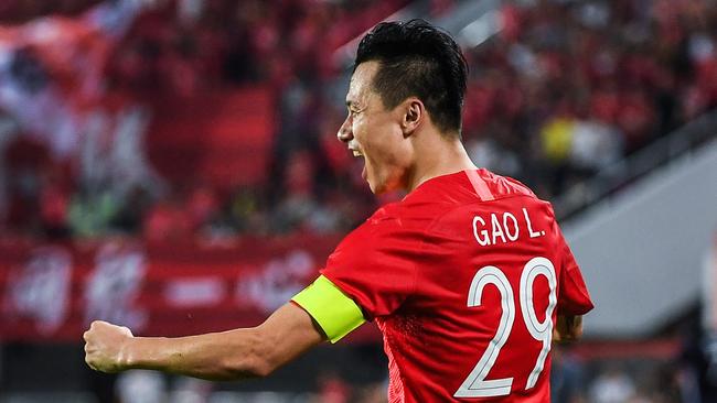 Guangzhou Evergrande's Gao Lin celebrates scoring a goal against Melbourne Victory in last week’s ACL match. Picture: AFP