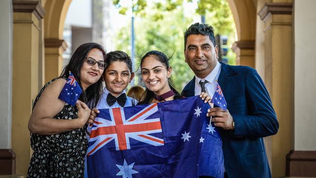 Australia Day... it means something different for all of us. Gurinder Kaur 46 and her family Jashanjot Singh 14, Mehakjot Kaur 17 and Parrinder Singh 47 are set to become Australian citizens this Australia Day.  Picture: AAP