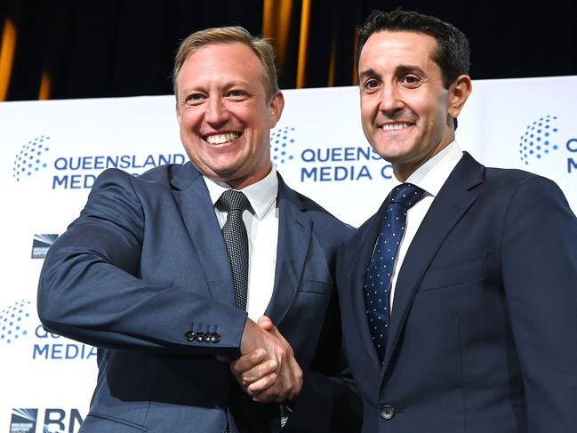 BRISBANE, AUSTRALIA - NewsWire Photos OCTOBER 16, 2024: Queensland Premier Steven Miles and Opposition Leader David CrisafulliQueensland Premier Steven Miles and Opposition Leader David Crisafulli will face off just ten days prior to the state election.Picture: NewsWire / John Gass