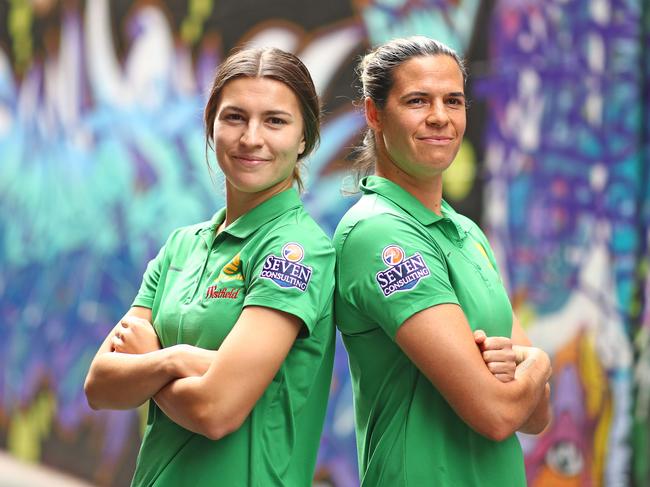 Matildas vice-captain Steph Catley (left), with goalkeeper Lydia Williams, said Melbourne was the ideal location to house the national team.