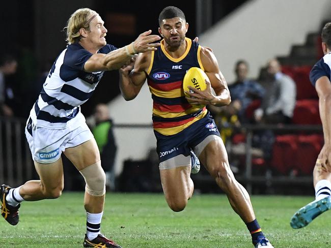 Adelaide's Curtly Hampton during the grand final match between the Adelaide Crows and Geelong Cats during the AFLX Adelaide tournament at Coopers Stadium, Hindmarsh, Adelaide, Thursday, February 15, 2018. (AAP Image/Sam Wundke) NO ARCHIVING, EDITORIAL USE ONLY