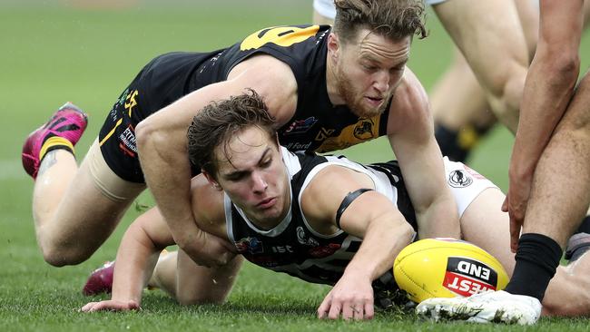 Boyd Woodcock (on bottom) is now on Port’s rookie list. Picture: Sarah Reed