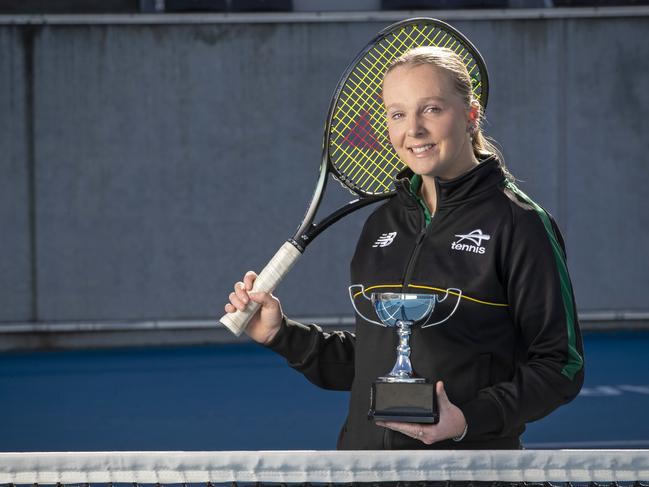 Alicia Dale 17, the first Tasmanian Girl to win the Australia Cup in 44 years at the Domain Tennis Centre. Picture: Chris Kidd