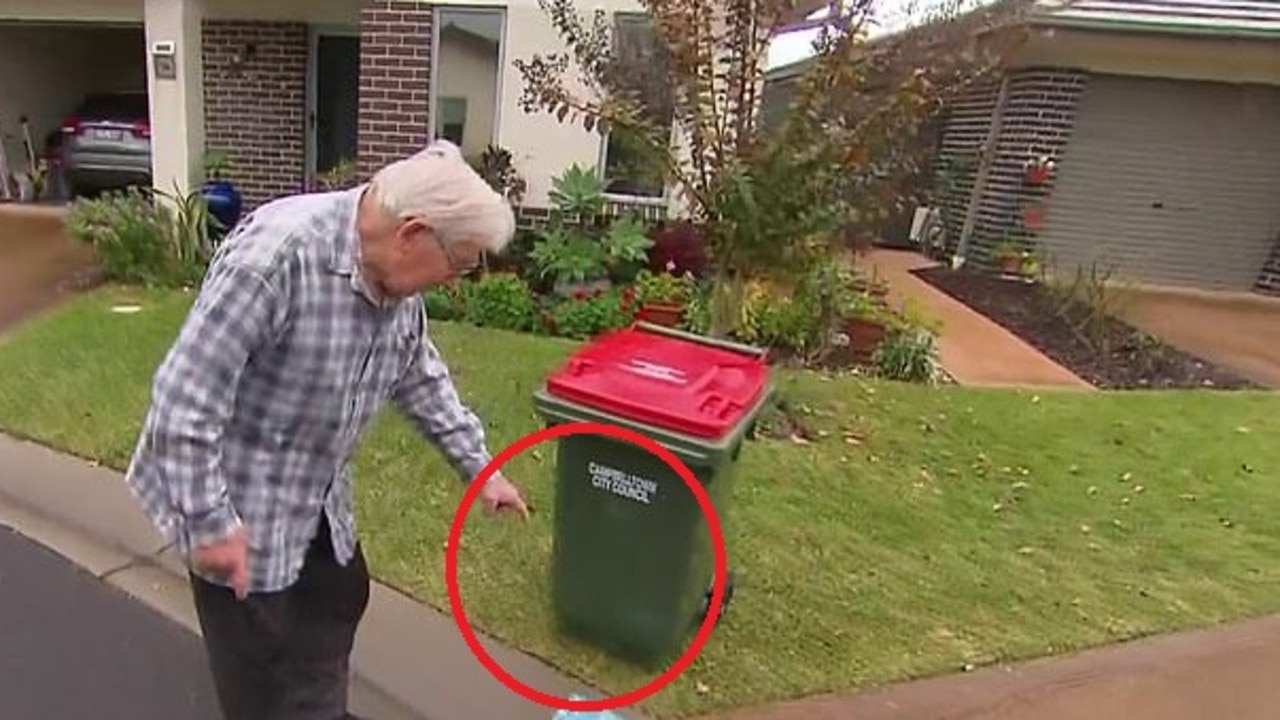 George, who lives in Stockland Retirement Village in Cambelltown, claims his neighbour places her bin on a patch of grass (pictured) about 3m from the road, near his letterbox. Picture: A Current Affair