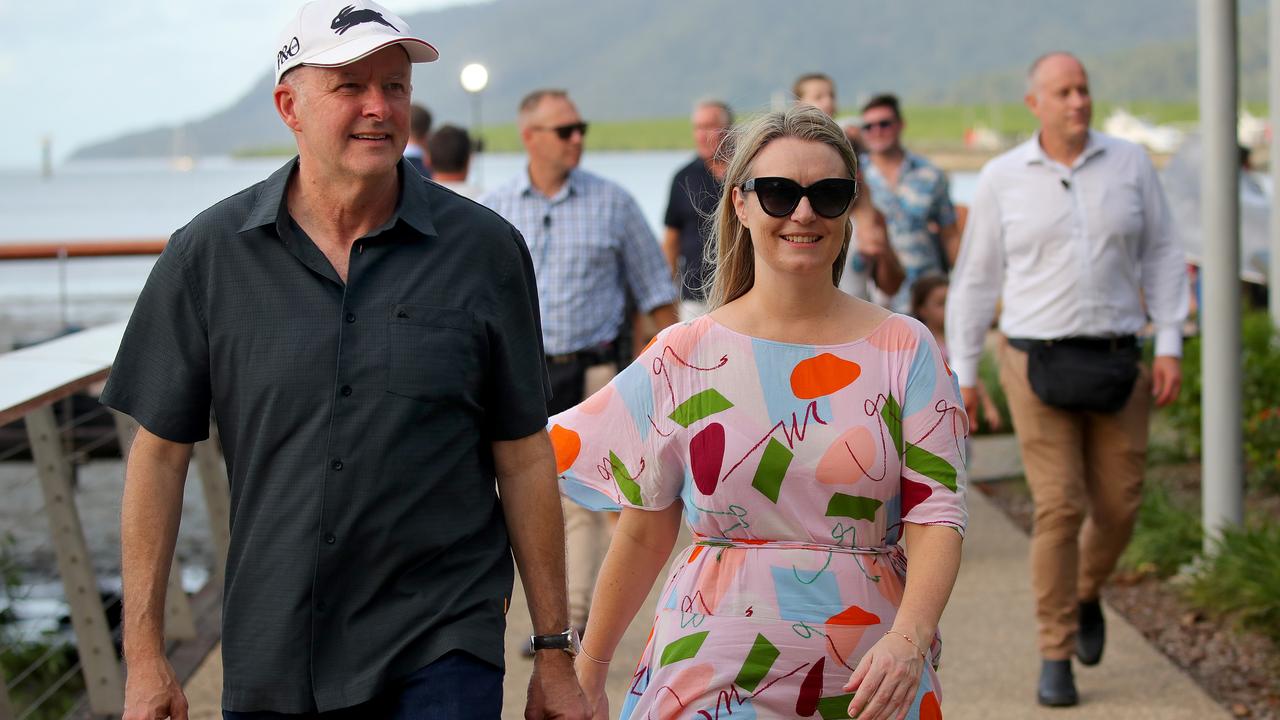 Ms Haydon, pictured with Albo on the Esplanade in Cairns, has been poised and upbeat during public appearances and seems to be handling the pressures of being suddenly thrust under the spotlight. Picture: Toby Zerna