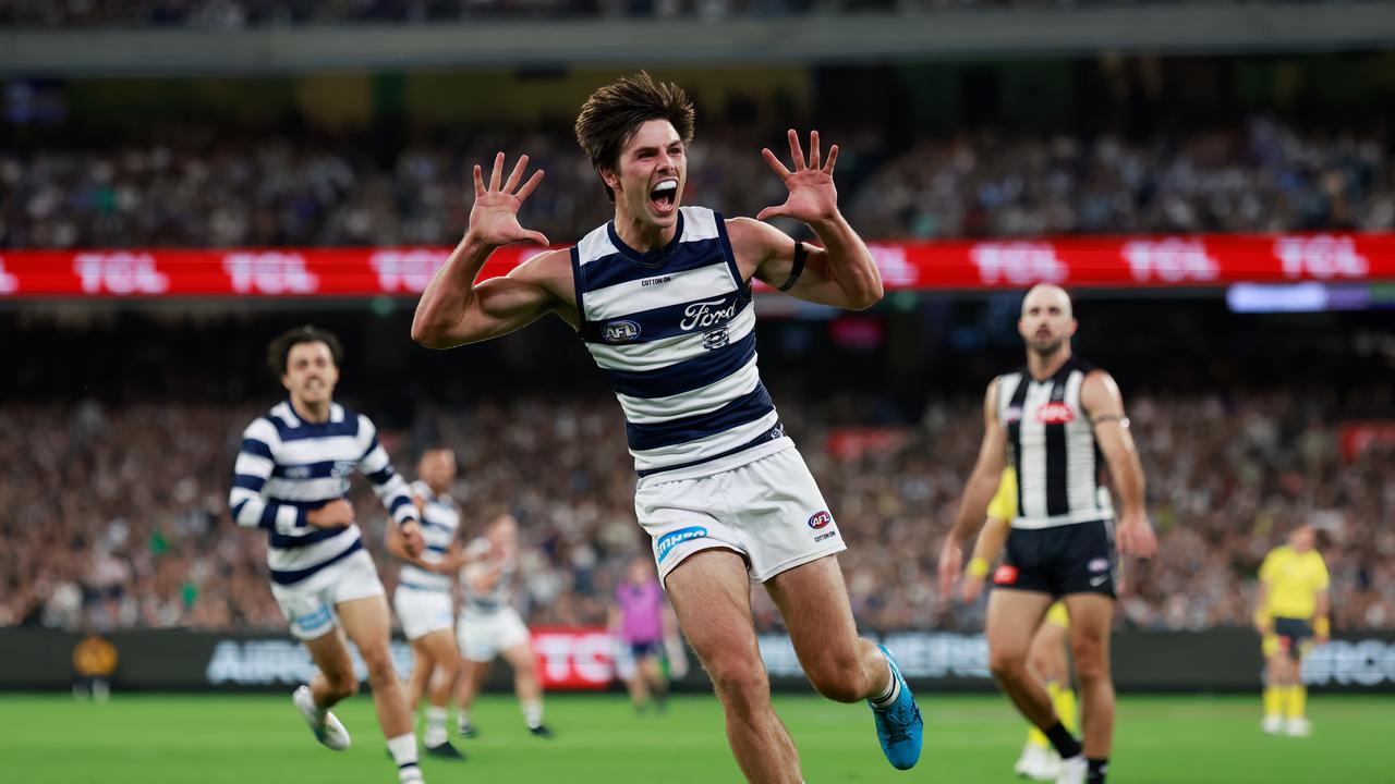 Oliver Henry’s celebration certainly got the attention of Pies fans. Picture: Dylan Burns/AFL Photos via Getty Images