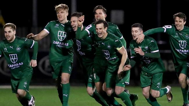 Bentleigh Greens celebrate their penalty shootout win over Hume City in FFA Cup.