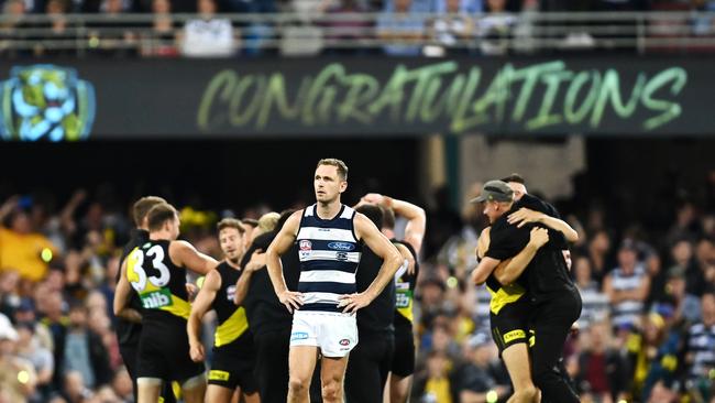 Joel Selwood stands in awe as Richmond celebrates.