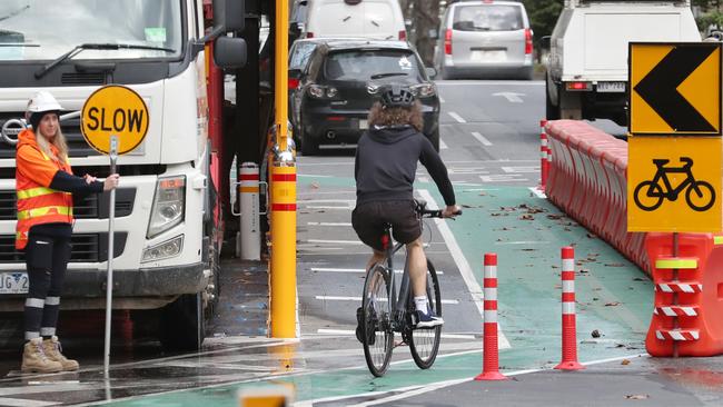 The union wants fewer bike lanes in Melbourne’s CBD to help truckies. Picture: David Crosling