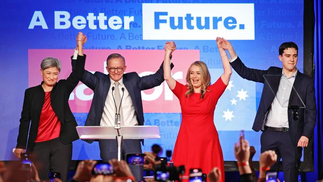 Senator Penny Wong, Prime Minister-elect Anthony Albanese, his partner Jodie Haydon and son Nathan. Picture: Sam Ruttyn