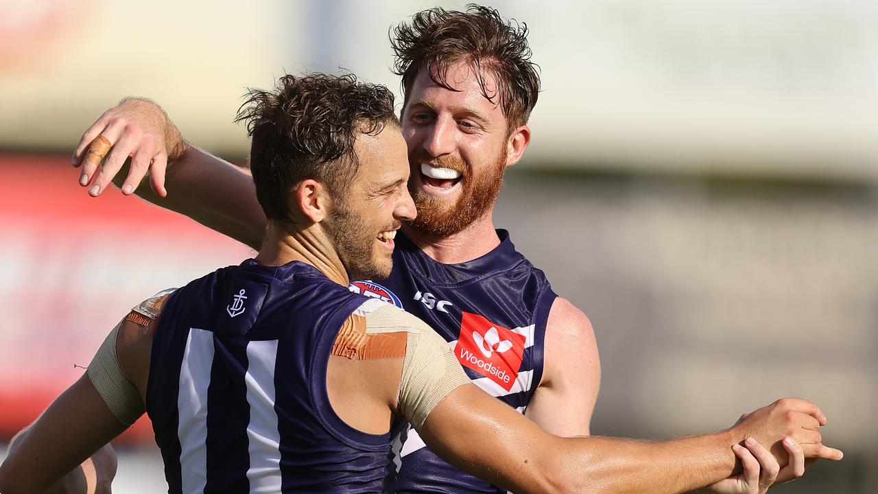 James Aish is congratulated after his first goal in Fremantle colours. (Photo by Paul Kane/Getty Images)