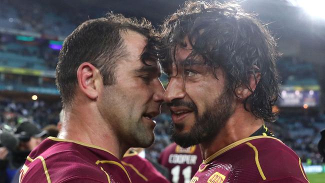 Cameron Smith and Johnathan Thurston of the Maroons celebrate victory during game two of last year’s State Of Origin series. Picture: Mark Kolbe/Getty Images