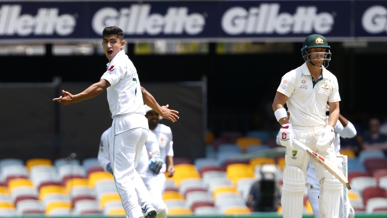 Pakistan's Naseem Shah in action at the Gabba yesterday: Photo: AP Photo/Tertius Pickard.