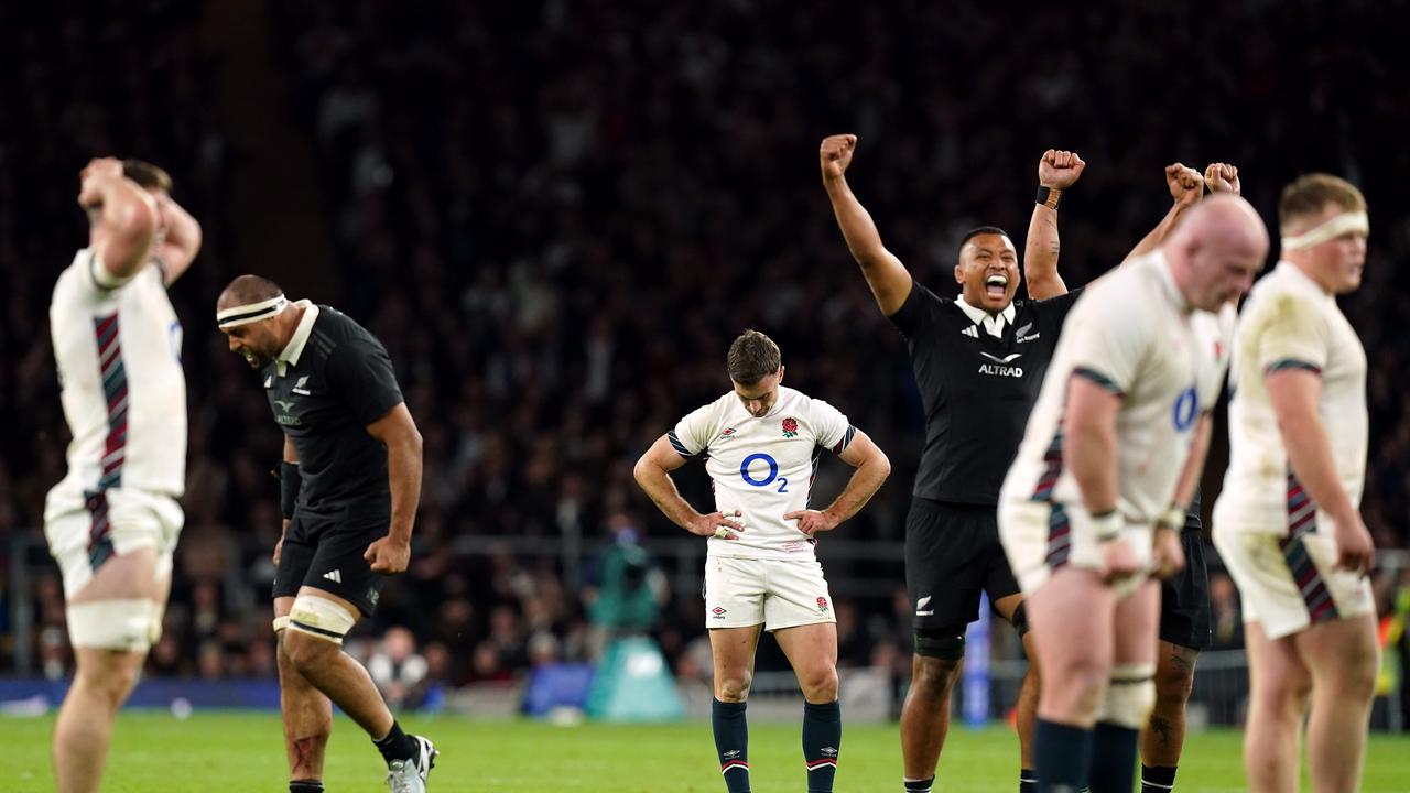 England's George Ford reacts to missing a drop goal attempt at the end of the Autumn international match at the Allianz Stadium, Twickenham. Picture date: Saturday November 2, 2024. (Photo by Gareth Fuller/PA Images via Getty Images)