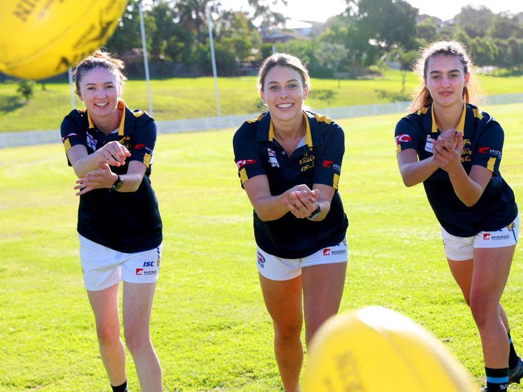 L-R East Coast Eagles Womens Premier Division players Bre Dannellan 25, Jordan Roughan 20 and Brenna Tarrant 17 pose for photographs in Baulkham Hills. Baulkham Hills, Thursday, December 6th 2018. The East Coast Eagles AFL club have joined the Sydney Women's Premier Division competition for 2019. (AAP IMAGE/ Angelo Velardo)