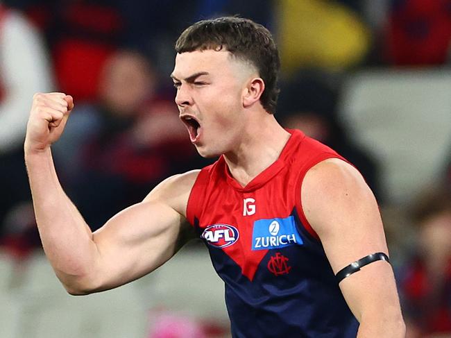 MELBOURNE, AUSTRALIA - JUNE 22:  Daniel Turner of the Demons celebrates kicking a goal during the round 15 AFL match between Melbourne Demons and North Melbourne Kangaroos at Melbourne Cricket Ground, on June 22, 2024, in Melbourne, Australia. (Photo by Quinn Rooney/Getty Images)