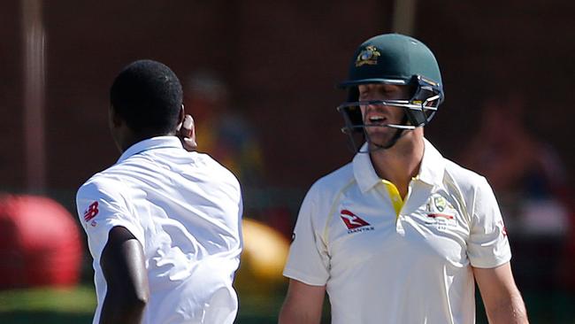 South Africa’s Kagiso Rabada celebrates taking the wicket of Australian Mitchell Marsh.
