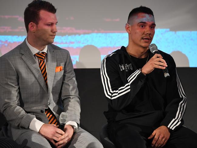 Tim Tszyu (right) and Jeff Horn speak to the media in Sydney. (AAP Image/Joel Carrett)