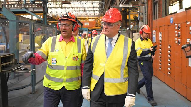 Scott Morrison at BlueScope Steel in Port Kembla. Picture: NCA NewsWire/Simon Bullard