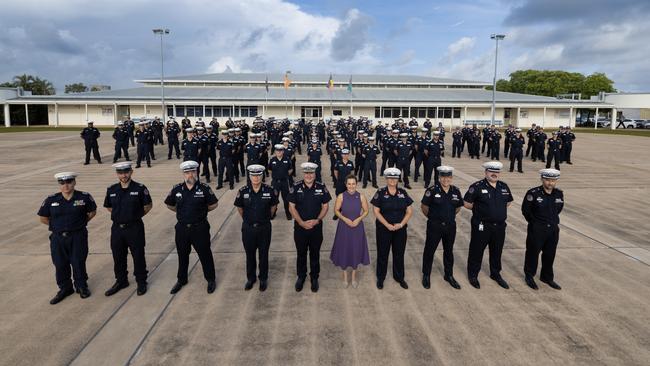 Drone shots of Chief Minister Lia Finocchiaro and NT Police Commissioner Michael Murphy with officers from NT Police in February 2025. Picture: NT Police