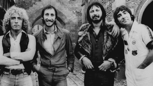 The Who, from left, Roger Daltrey, Pete Townshend, John Entwhistle and Keith Moon. Daltrey says when he flushed Moon’s a bag full of Moon’s drugs down the toilet, Moon came “slashing at me with the bells of a tambourine” Picture: News Corp