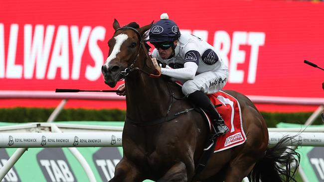 SYDNEY, AUSTRALIA - OCTOBER 19: Josh Parr riding Overpass wins Race 6 Toyota Forklifts Sydney Stakes during Sydney Racing - The Everest Day at Royal Randwick Racecourse on October 19, 2024 in Sydney, Australia. (Photo by Jeremy Ng/Getty Images)