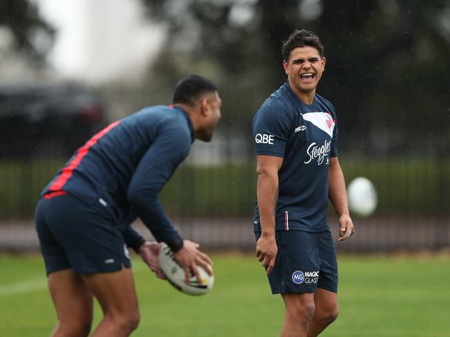 Latrell Mitchell is all smiles during a Roosters training session. Picture: Brett Costello