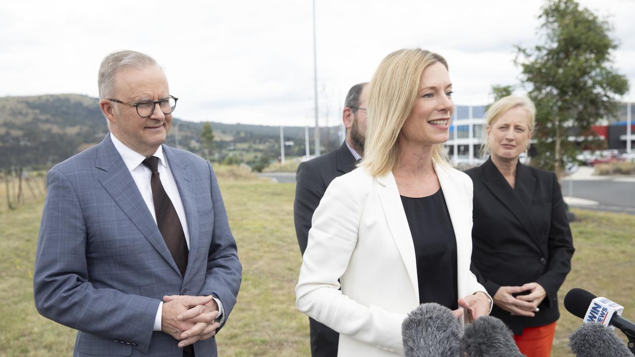 Prime Minister Anthony Albanese appears at a press conference in Hobart with Labor's candidate for Lyons, Rebecca White, in January. Picture: NewsWire / Eddie Safarik