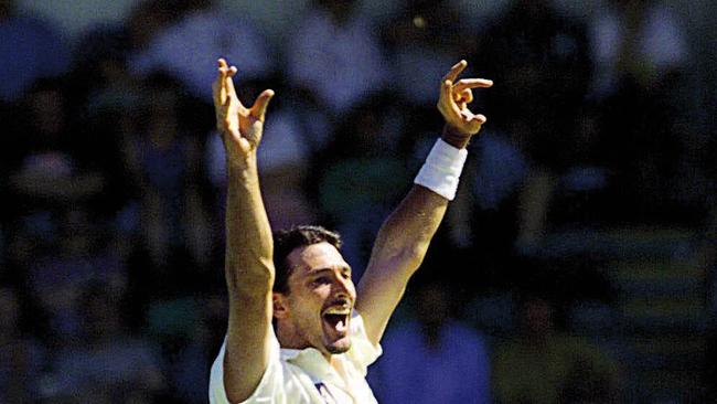 Damien Fleming celebrates an English wicket at the WACA in 1998.