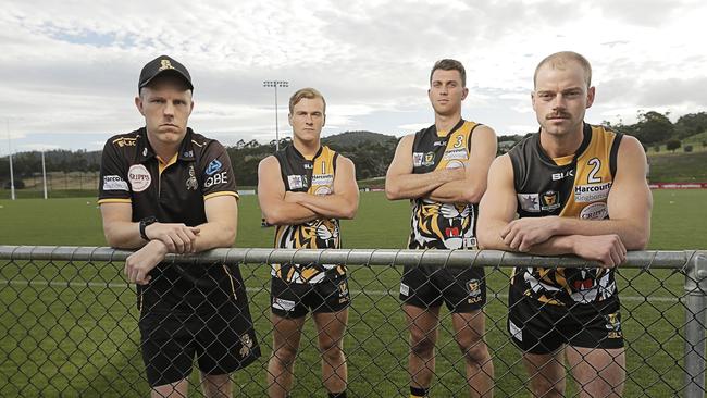 TSL Tigers new coach Trent Baumeler, left, Lachy Watt, Mitchell Carter and captain Sam Rice at their home ground, Twin Ovals, Kingston. Picture: MATHEW FARRELL